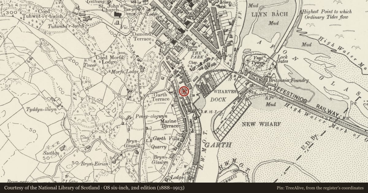 Ordnance Survey six-inch map, 2nd edition (1888–1913) covering the location of Cornhill Cottage, including revetment walls and steps, Porthmadog, Gwynedd, with a pin at the register's coordinates