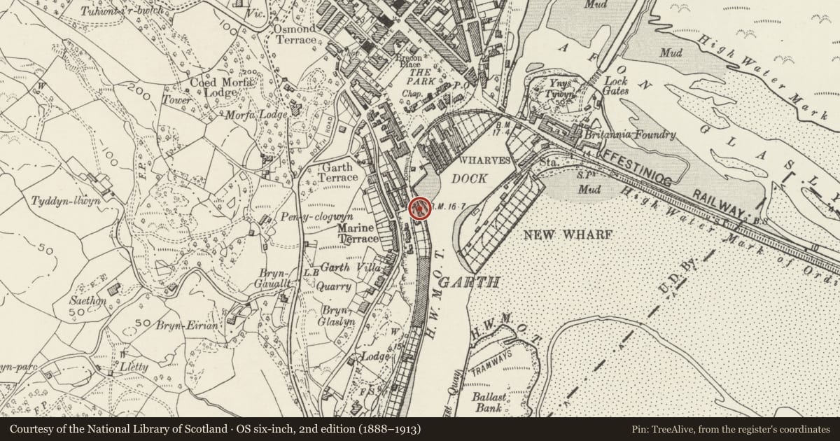 Ordnance Survey six-inch map, 2nd edition (1888–1913) covering the location of Madoc Yacht Club, Porthmadog, Gwynedd, with a pin at the register's coordinates