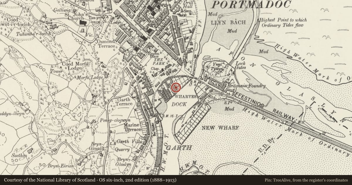 Ordnance Survey six-inch map, 2nd edition (1888–1913) covering the location of Former slate warehouse on Oakleys Wharf, Porthmadog, Gwynedd, with a pin at the register's coordinates