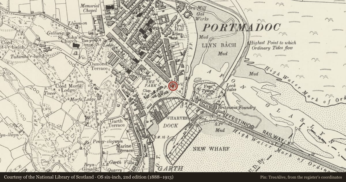 Ordnance Survey six-inch map, 2nd edition (1888–1913) covering the location of Pioden (Magpie), Porthmadog, Gwynedd, with a pin at the register's coordinates