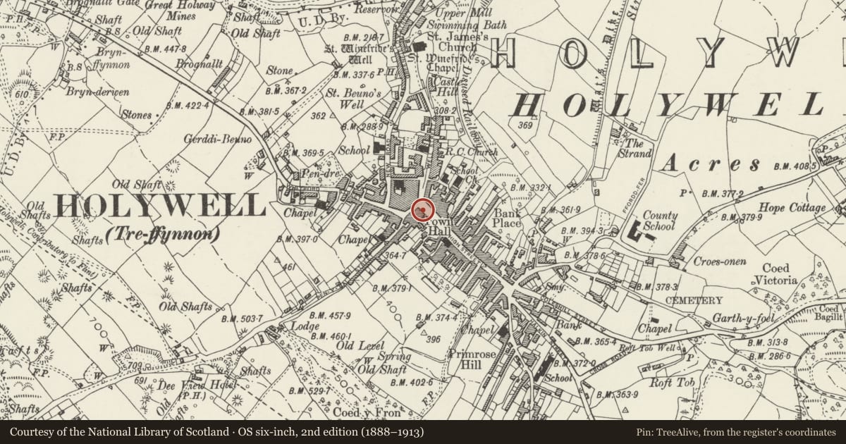 Ordnance Survey six-inch map, 2nd edition (1888–1913) covering the location of Pillar Box on Pavement (outside no. 6 High Street), Holywell, Flintshire, with a pin at the register's coordinates