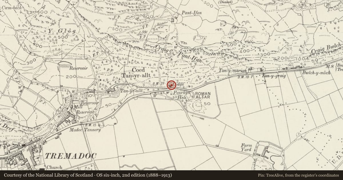 Ordnance Survey six-inch map, 2nd edition (1888–1913) covering the location of Tan-yr-allt Lodge, Porthmadog, Gwynedd, with a pin at the register's coordinates