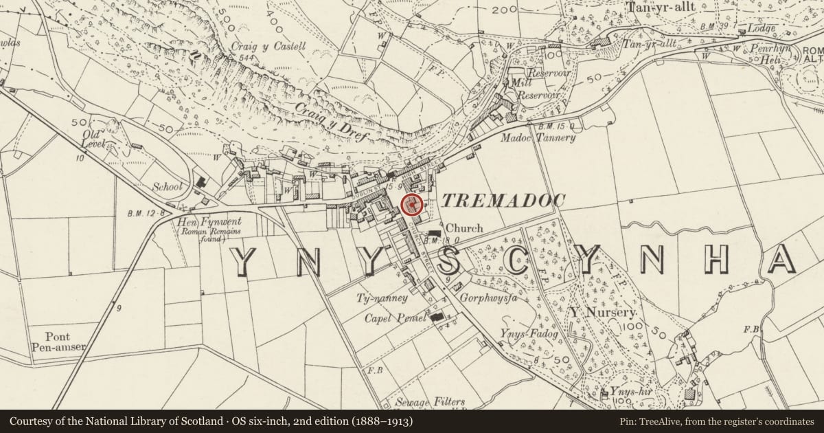 Ordnance Survey six-inch map, 2nd edition (1888–1913) covering the location of 1 Hoel y Llan (Church Street), Porthmadog, Gwynedd, with a pin at the register's coordinates