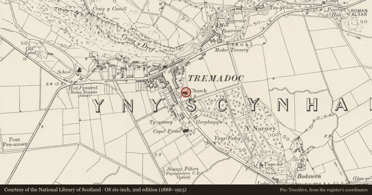 Ordnance Survey six-inch map, 2nd edition (1888–1913) covering the location of Church of St Mary, Porthmadog, Gwynedd, with a pin at the register's coordinates
