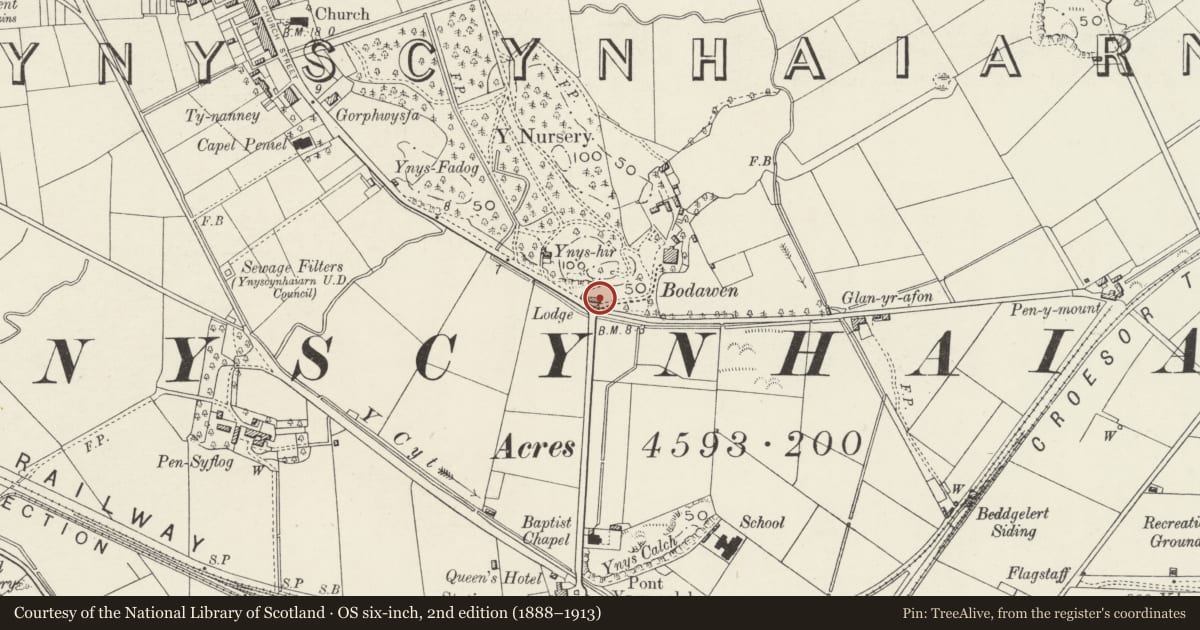 Ordnance Survey six-inch map, 2nd edition (1888–1913) covering the location of Bodawen Lodge, Porthmadog, Gwynedd, with a pin at the register's coordinates