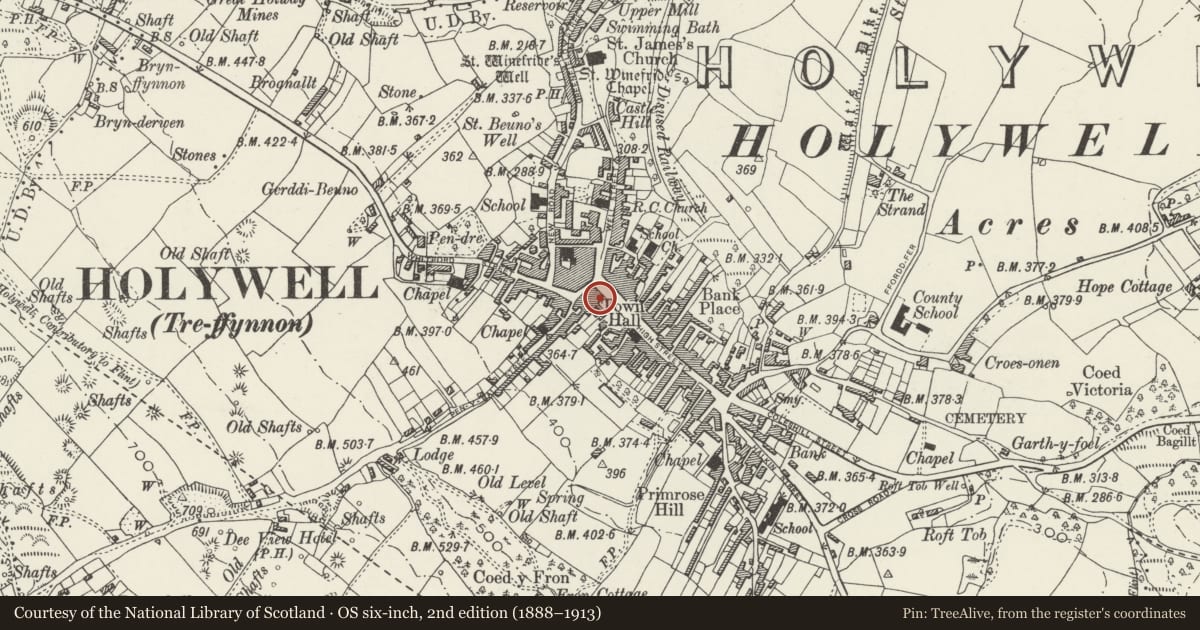 Ordnance Survey six-inch map, 2nd edition (1888–1913) covering the location of 8 (Harris & Rushton), Holywell, Flintshire, with a pin at the register's coordinates
