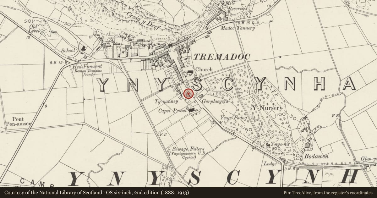 Ordnance Survey six-inch map, 2nd edition (1888–1913) covering the location of Ty Nanney, including forecourt walls, gate piers and gate, Porthmadog, Gwynedd, with a pin at the register's coordinates