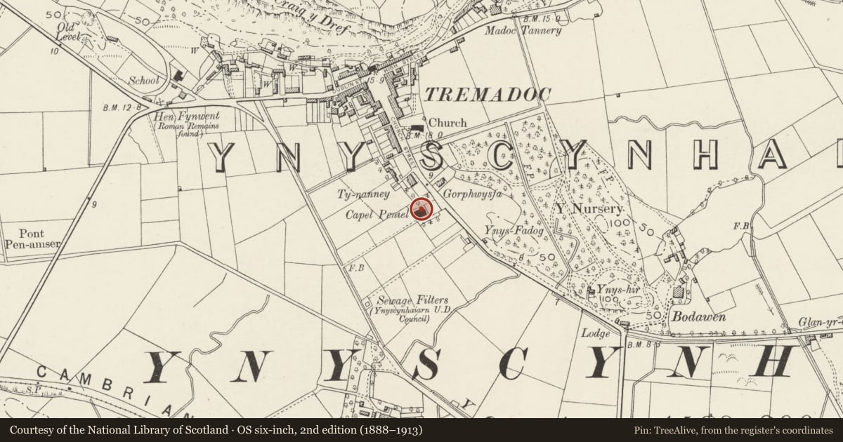 Ordnance Survey six-inch map, 2nd edition (1888–1913) covering the location of Capel Peniel, Porthmadog, Gwynedd, with a pin at the register's coordinates