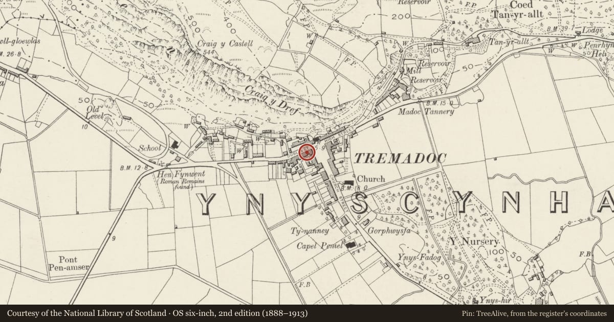 Ordnance Survey six-inch map, 2nd edition (1888–1913) covering the location of 9 Heol Dulyn (Dublin Street), Porthmadog, Gwynedd, with a pin at the register's coordinates
