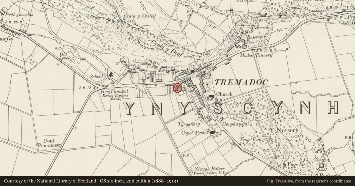 Ordnance Survey six-inch map, 2nd edition (1888–1913) covering the location of The Old Granary, Porthmadog, Gwynedd, with a pin at the register's coordinates