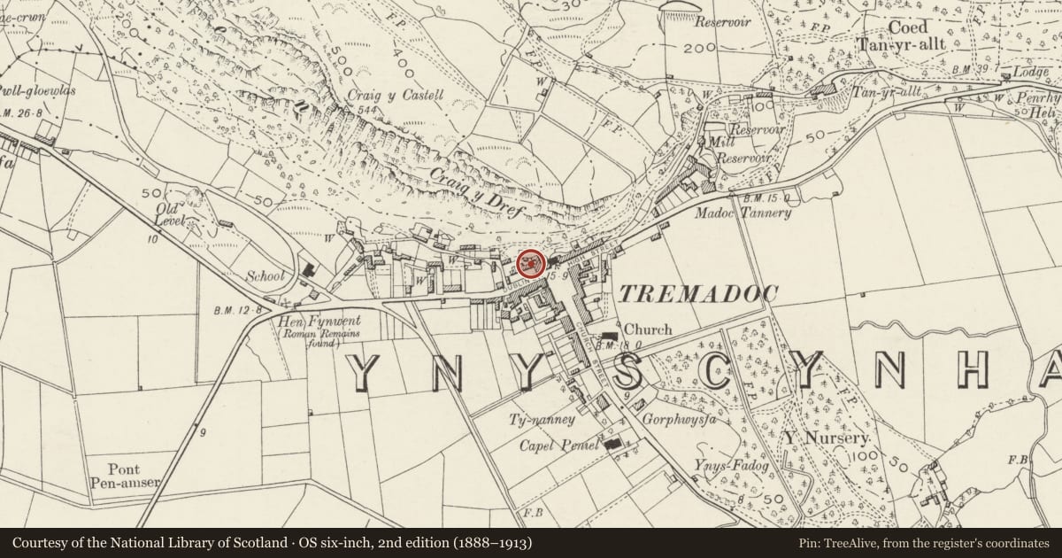 Ordnance Survey six-inch map, 2nd edition (1888–1913) covering the location of 1 Heol Dulyn (Dublin Street), Porthmadog, Gwynedd, with a pin at the register's coordinates