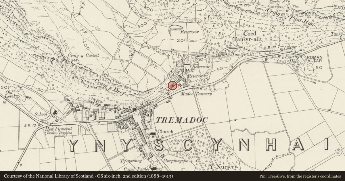Ordnance Survey six-inch map, 2nd edition (1888–1913) covering the location of Ty Gwyn, Porthmadog, Gwynedd, with a pin at the register's coordinates