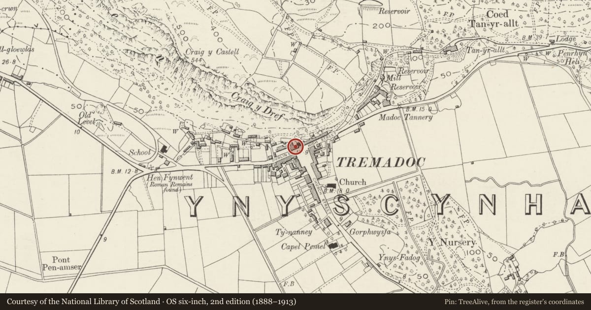 Ordnance Survey six-inch map, 2nd edition (1888–1913) covering the location of Royal Madoc Arms Hotel, Porthmadog, Gwynedd, with a pin at the register's coordinates