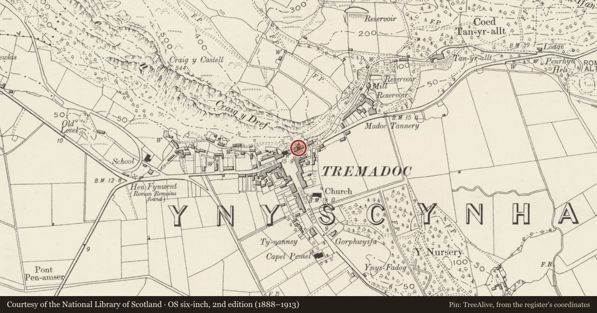 Ordnance Survey six-inch map, 2nd edition (1888–1913) covering the location of Gwynle, including steps to the L-hand, Porthmadog, Gwynedd, with a pin at the register's coordinates