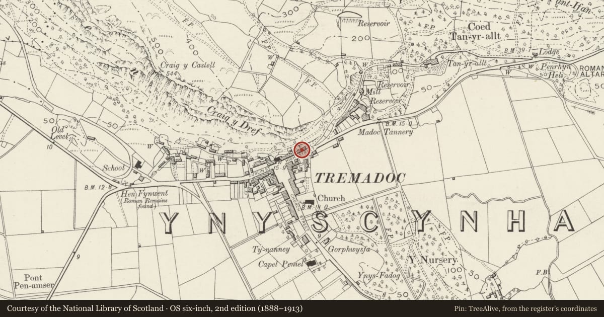 Ordnance Survey six-inch map, 2nd edition (1888–1913) covering the location of 19 Sgwar y Farchnad (High Street), Porthmadog, Gwynedd, with a pin at the register's coordinates