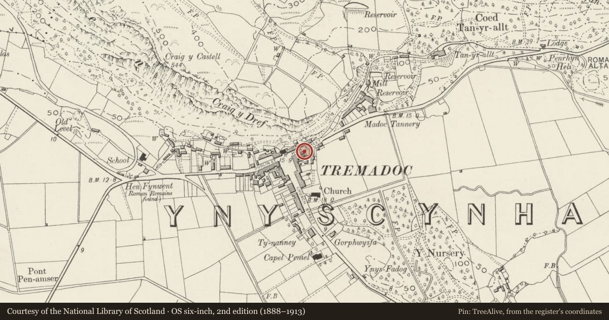 Ordnance Survey six-inch map, 2nd edition (1888–1913) covering the location of 16 Sgwar y Farchnad (High Street), Porthmadog, Gwynedd, with a pin at the register's coordinates