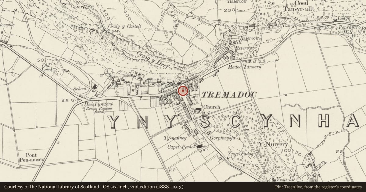 Ordnance Survey six-inch map, 2nd edition (1888–1913) covering the location of Steps and lamp post at centre of Market Square, Porthmadog, Gwynedd, with a pin at the register's coordinates
