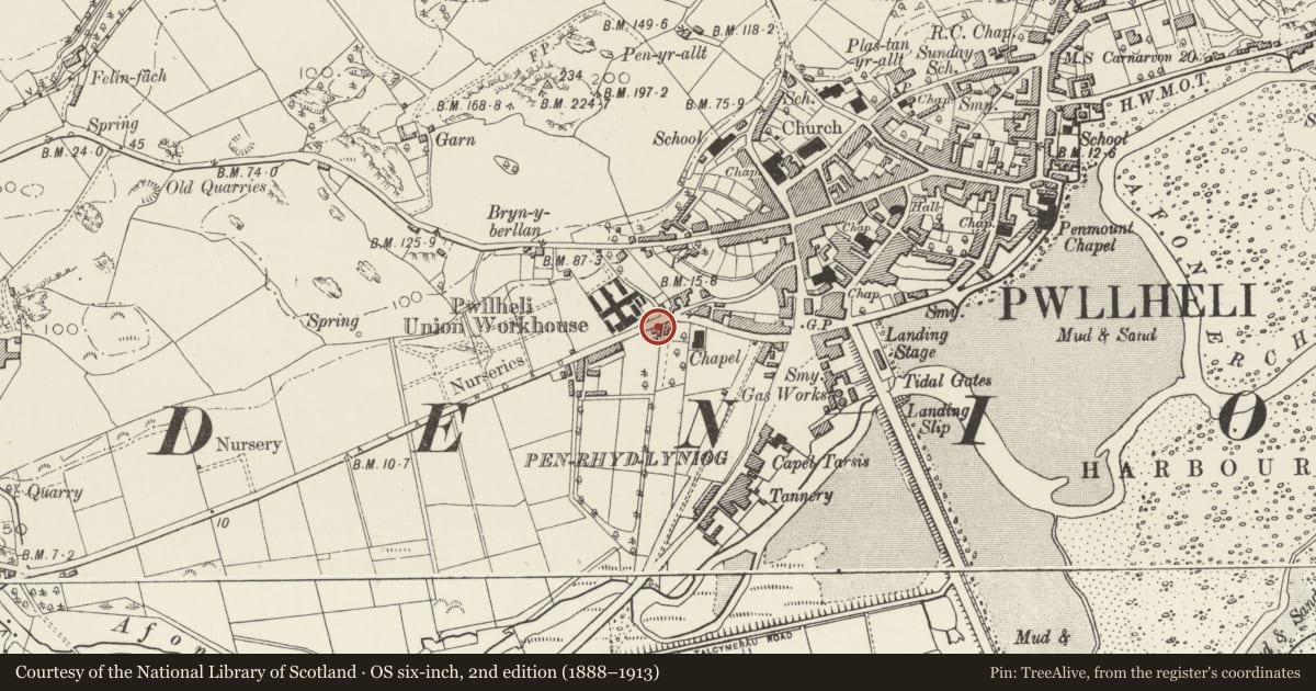 Ordnance Survey six-inch map, 2nd edition (1888–1913) covering the location of Neigwl, Pwllheli, Gwynedd, with a pin at the register's coordinates