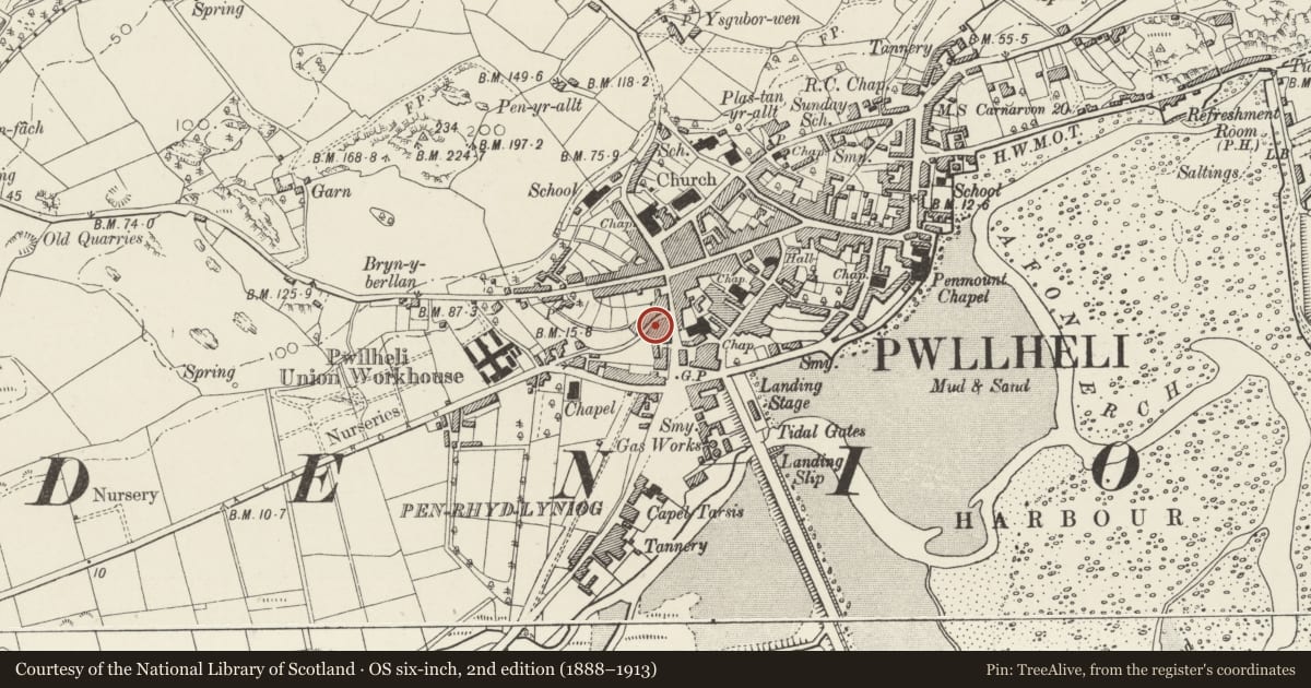 Ordnance Survey six-inch map, 2nd edition (1888–1913) covering the location of 8 Ala Uchaf, Pwllheli, Gwynedd, with a pin at the register's coordinates