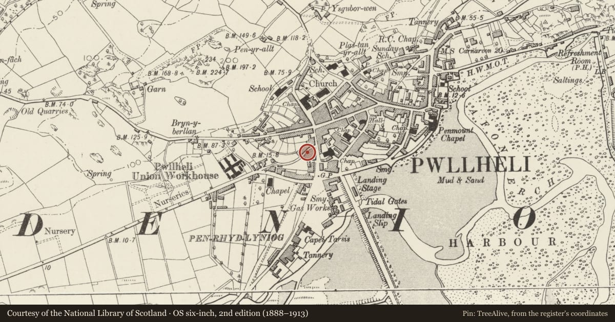 Ordnance Survey six-inch map, 2nd edition (1888–1913) covering the location of 10 Ala Uchaf, Pwllheli, Gwynedd, with a pin at the register's coordinates