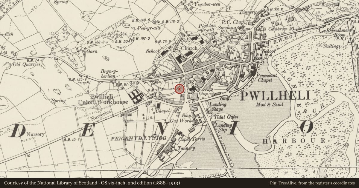 Ordnance Survey six-inch map, 2nd edition (1888–1913) covering the location of 12 Ala Uchaf, Pwllheli, Gwynedd, with a pin at the register's coordinates