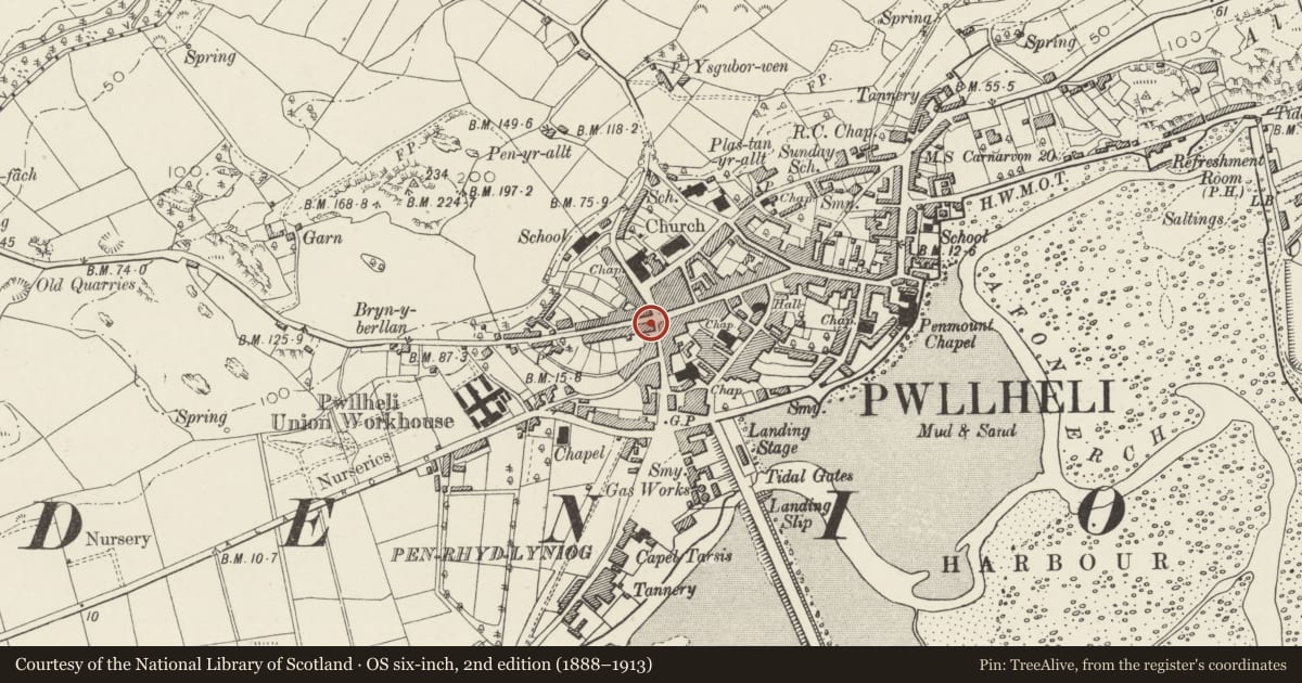 Ordnance Survey six-inch map, 2nd edition (1888–1913) covering the location of The Whitehall, Pwllheli, Gwynedd, with a pin at the register's coordinates