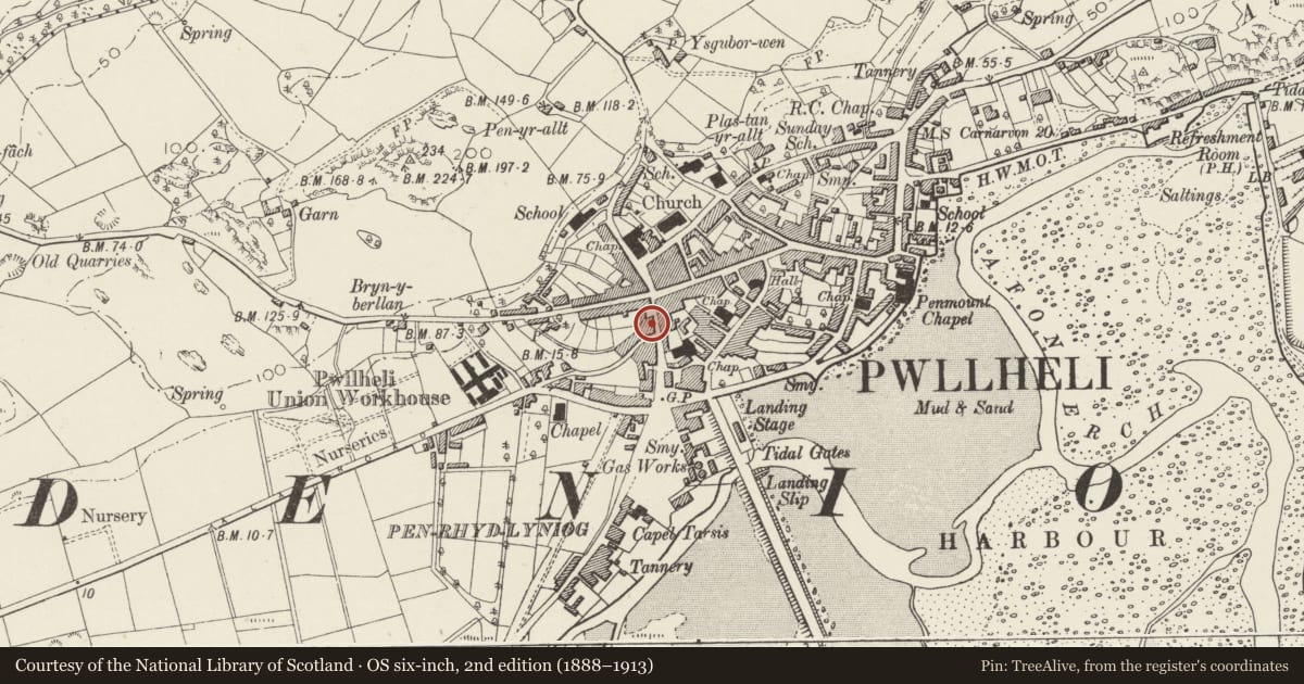 Ordnance Survey six-inch map, 2nd edition (1888–1913) covering the location of 7 Gaol Street, Pwllheli, Gwynedd, with a pin at the register's coordinates