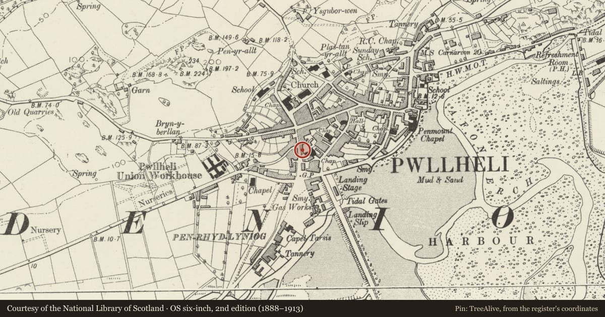 Ordnance Survey six-inch map, 2nd edition (1888–1913) covering the location of Alcatraz, Pwllheli, Gwynedd, with a pin at the register's coordinates
