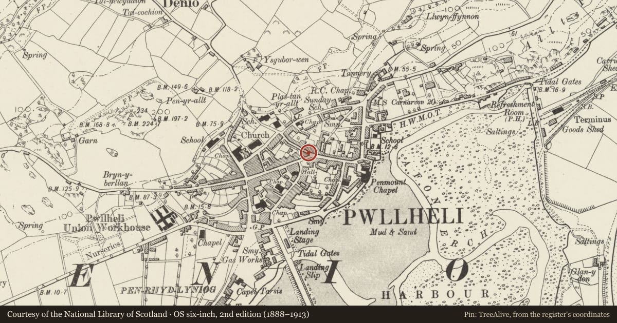 Ordnance Survey six-inch map, 2nd edition (1888–1913) covering the location of Commercial House, Pwllheli, Gwynedd, with a pin at the register's coordinates