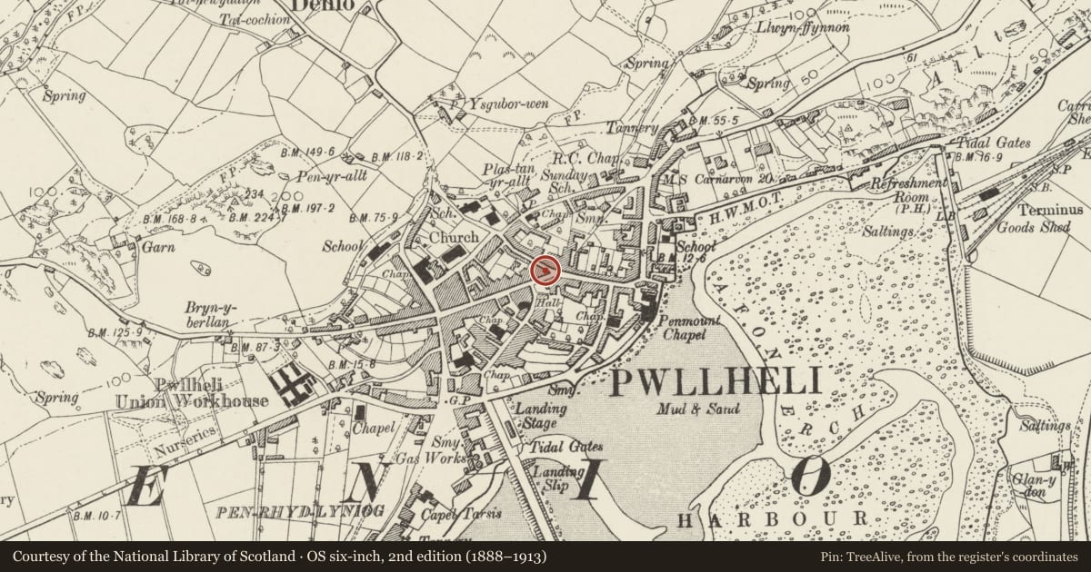 Ordnance Survey six-inch map, 2nd edition (1888–1913) covering the location of 49 High Street, Pwllheli, Gwynedd, with a pin at the register's coordinates