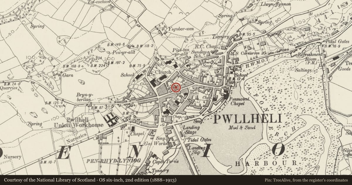Ordnance Survey six-inch map, 2nd edition (1888–1913) covering the location of Tower Hotel (including Courtyard Ranges), Pwllheli, Gwynedd, with a pin at the register's coordinates