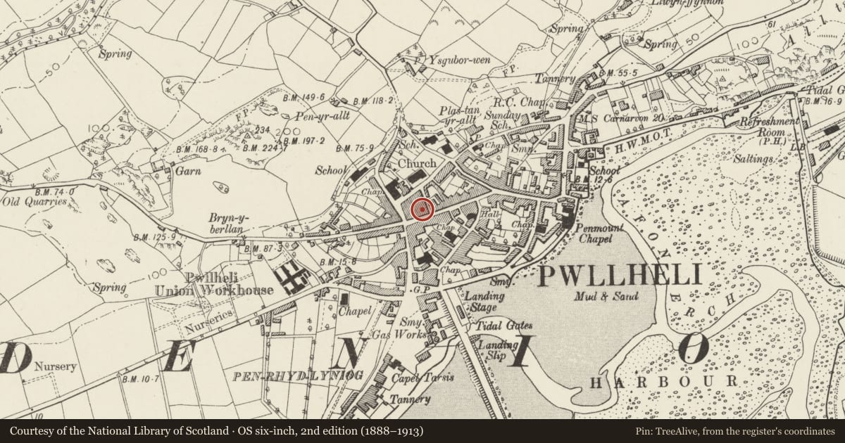 Ordnance Survey six-inch map, 2nd edition (1888–1913) covering the location of Just for You, Pwllheli, Gwynedd, with a pin at the register's coordinates