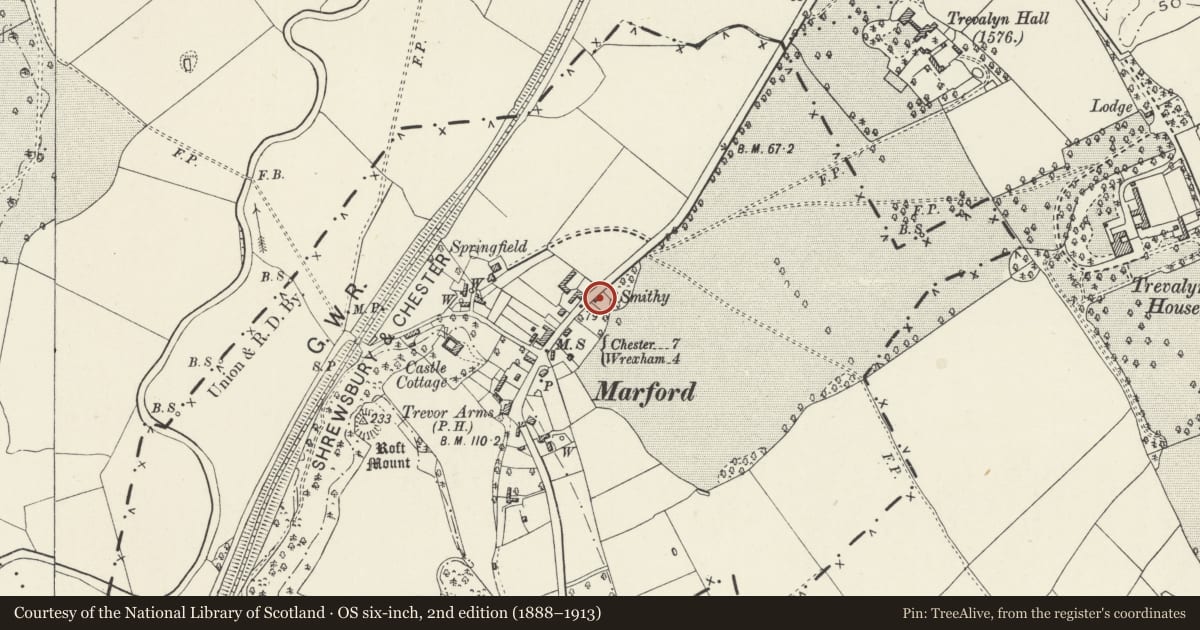 Ordnance Survey six-inch map, 2nd edition (1888–1913) covering the location of Smithy Cottage, Gresford, Wrexham, with a pin at the register's coordinates