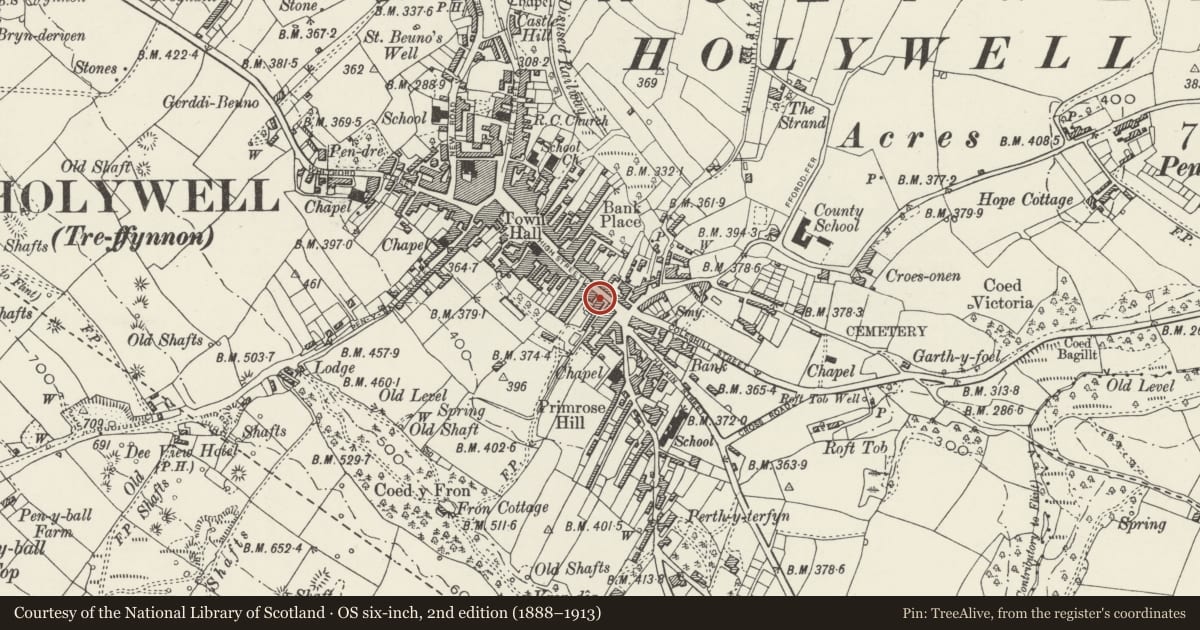 Ordnance Survey six-inch map, 2nd edition (1888–1913) covering the location of Telephone Call-box outside The Post Office, Holywell, Flintshire, with a pin at the register's coordinates