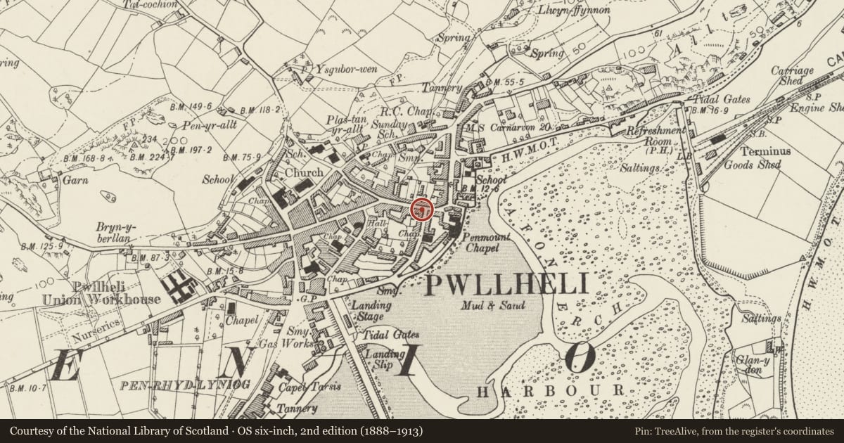 Ordnance Survey six-inch map, 2nd edition (1888–1913) covering the location of 20 High Street, Pwllheli, Gwynedd, with a pin at the register's coordinates
