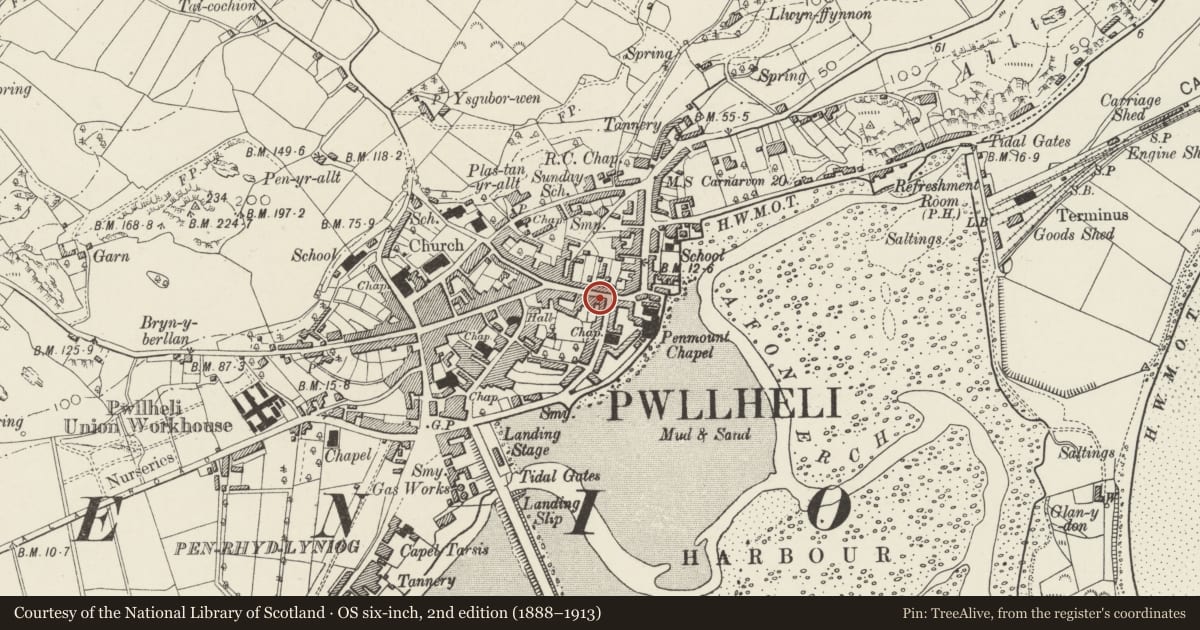 Ordnance Survey six-inch map, 2nd edition (1888–1913) covering the location of 22 High Street, Pwllheli, Gwynedd, with a pin at the register's coordinates