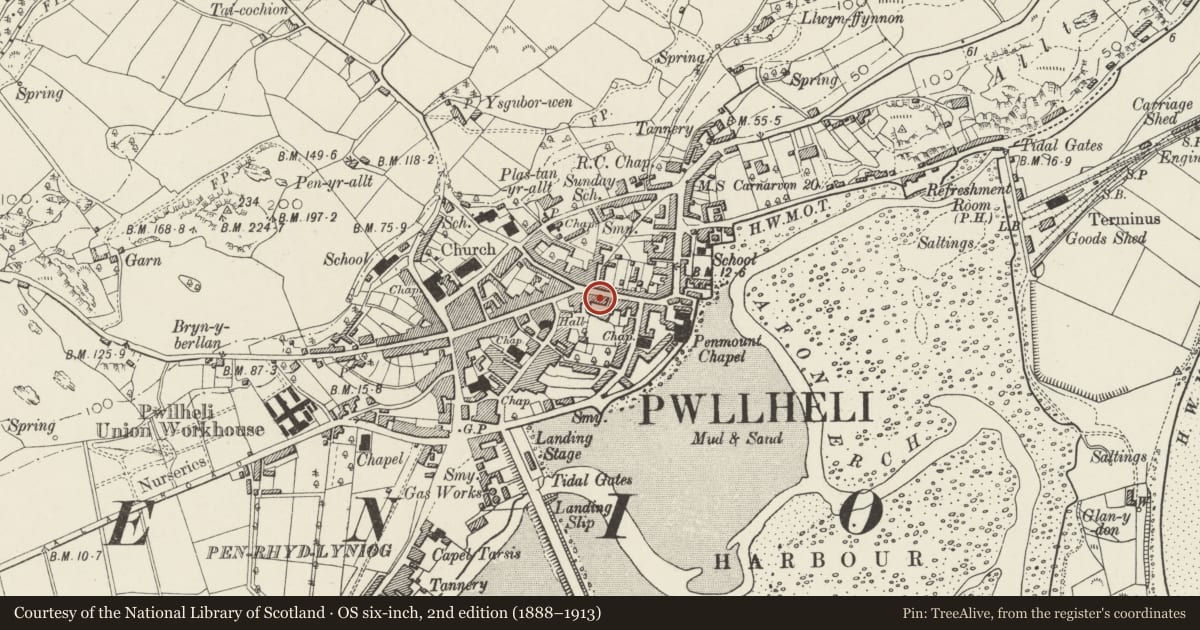Ordnance Survey six-inch map, 2nd edition (1888–1913) covering the location of Alliance & Leicester and Abby National Building Societies, Pwllheli, Gwynedd, with a pin at the register's coordinates