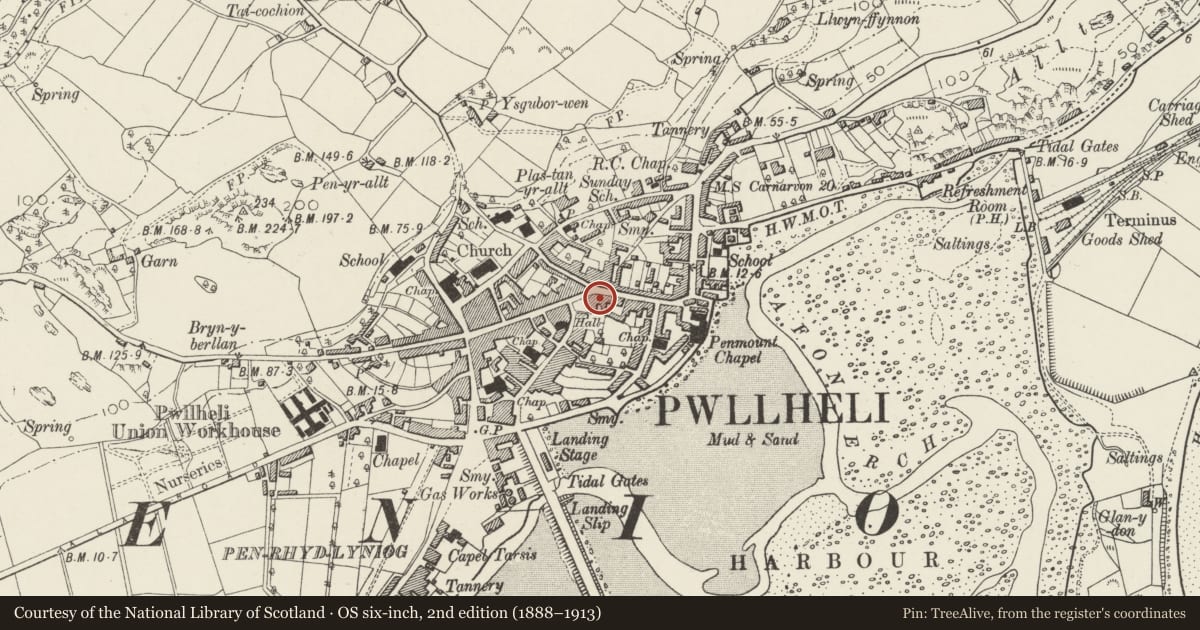 Ordnance Survey six-inch map, 2nd edition (1888–1913) covering the location of Lleyn Furnishers, Pwllheli, Gwynedd, with a pin at the register's coordinates