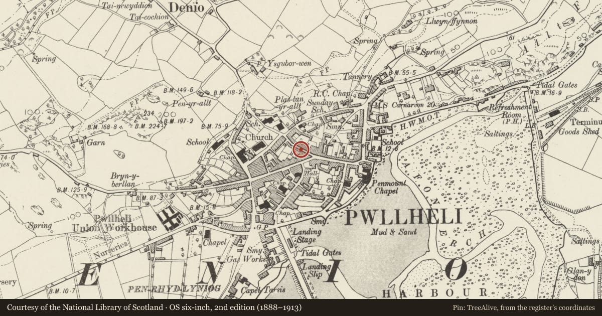 Ordnance Survey six-inch map, 2nd edition (1888–1913) covering the location of 14 Kings Head Street, Pwllheli, Gwynedd, with a pin at the register's coordinates