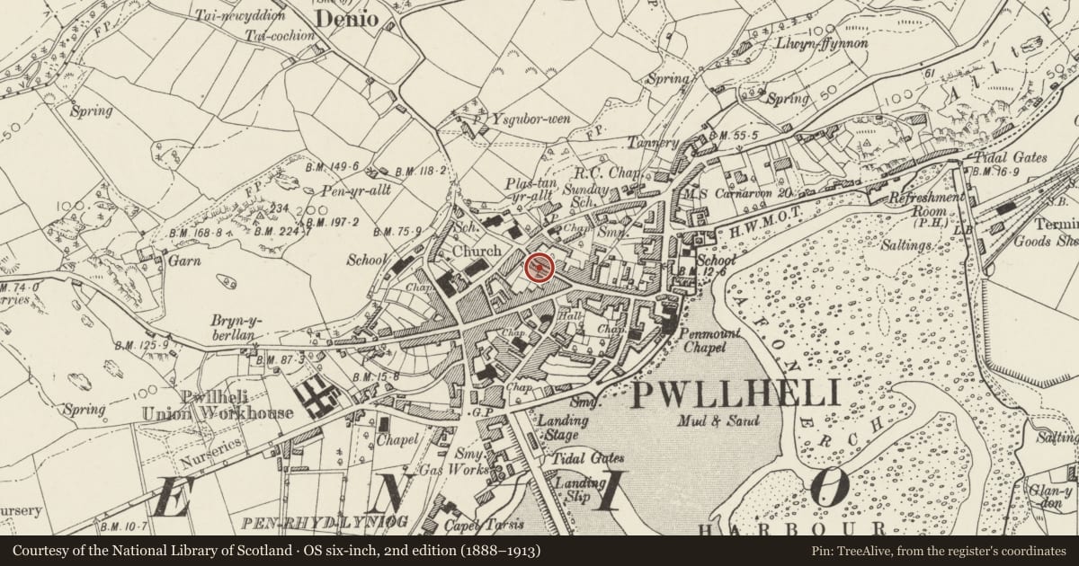 Ordnance Survey six-inch map, 2nd edition (1888–1913) covering the location of 20 Kings Head Street, Pwllheli, Gwynedd, with a pin at the register's coordinates