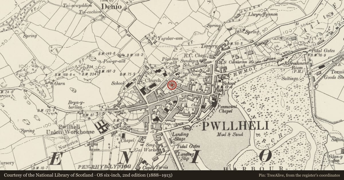 Ordnance Survey six-inch map, 2nd edition (1888–1913) covering the location of 24 Kings Head Street, Pwllheli, Gwynedd, with a pin at the register's coordinates