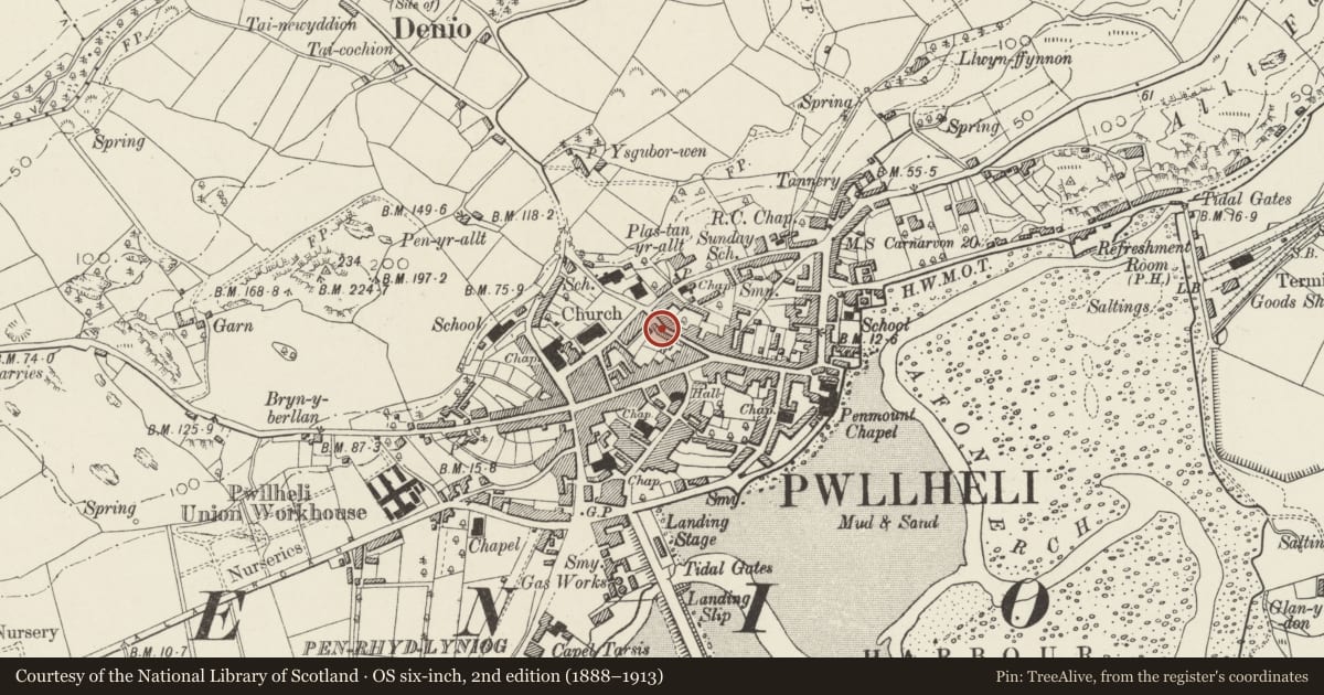 Ordnance Survey six-inch map, 2nd edition (1888–1913) covering the location of 26 Kings Head Street, Pwllheli, Gwynedd, with a pin at the register's coordinates