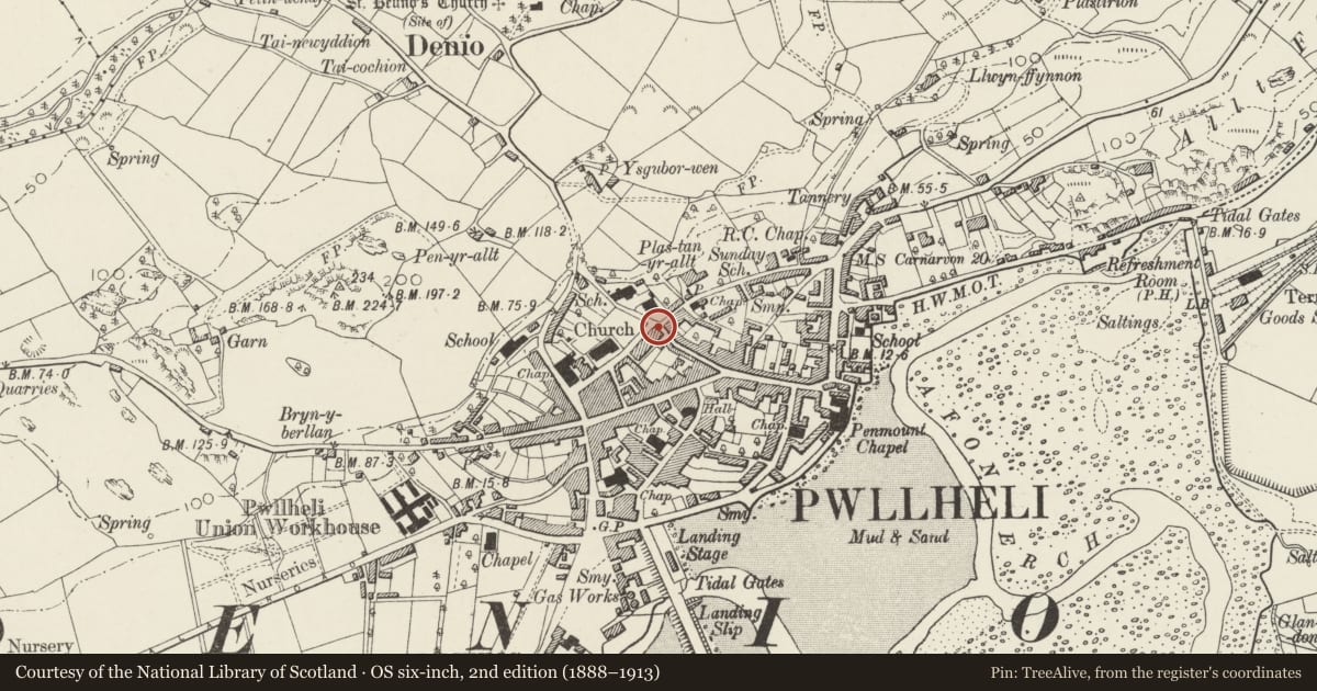 Ordnance Survey six-inch map, 2nd edition (1888–1913) covering the location of 32 Kings Head Street, Pwllheli, Gwynedd, with a pin at the register's coordinates