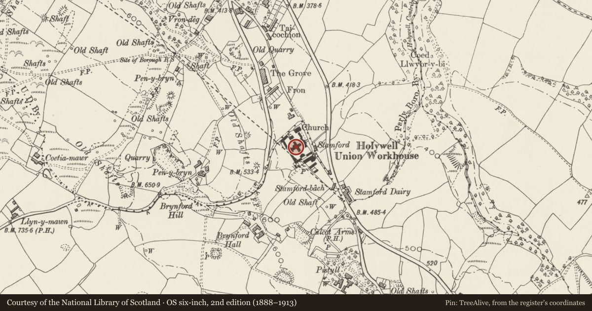 Ordnance Survey six-inch map, 2nd edition (1888–1913) covering the location of Lluesty Hospital, Holywell, Flintshire, with a pin at the register's coordinates