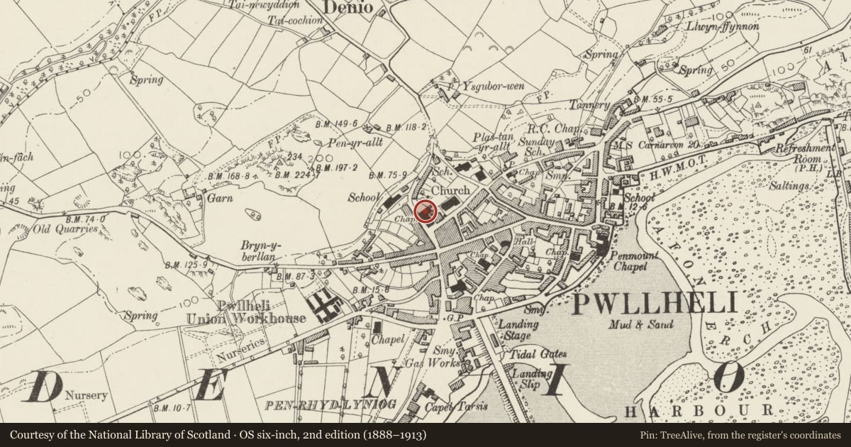 Ordnance Survey six-inch map, 2nd edition (1888–1913) covering the location of Capel Salem Hall, Pwllheli, Gwynedd, with a pin at the register's coordinates
