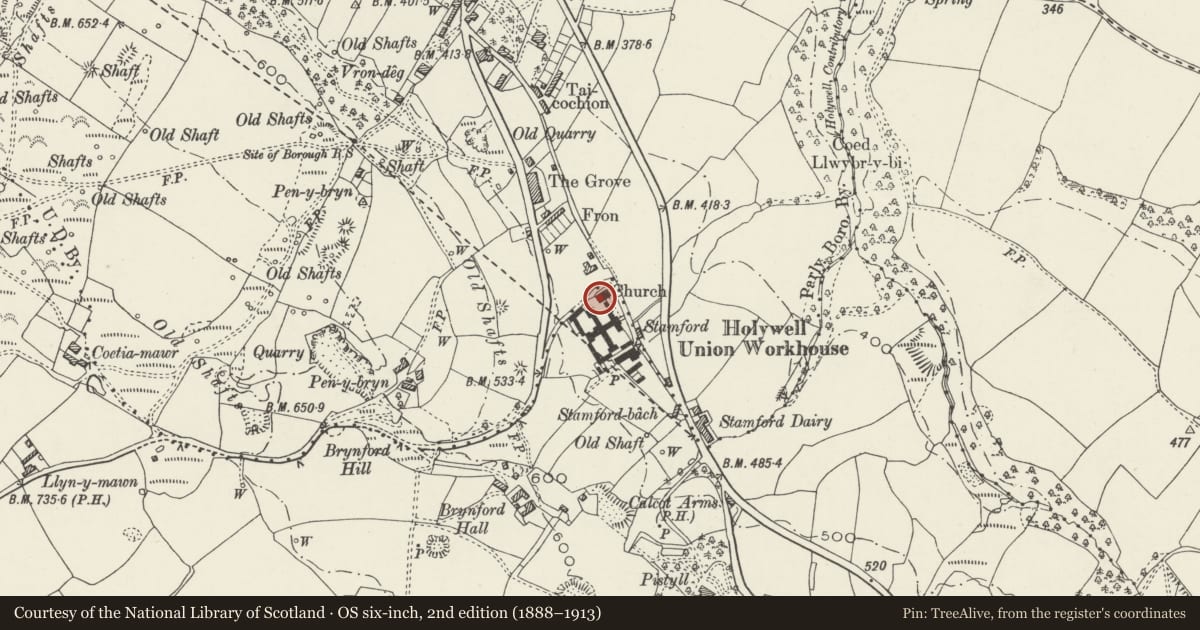Ordnance Survey six-inch map, 2nd edition (1888–1913) covering the location of Former Chapel at Lluesty Hospital, Holywell, Flintshire, with a pin at the register's coordinates
