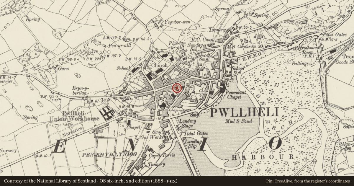 Ordnance Survey six-inch map, 2nd edition (1888–1913) covering the location of 7 Market Square, Pwllheli, Gwynedd, with a pin at the register's coordinates