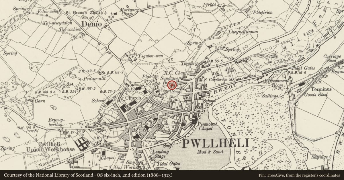 Ordnance Survey six-inch map, 2nd edition (1888–1913) covering the location of 15 North Street, Pwllheli, Gwynedd, with a pin at the register's coordinates