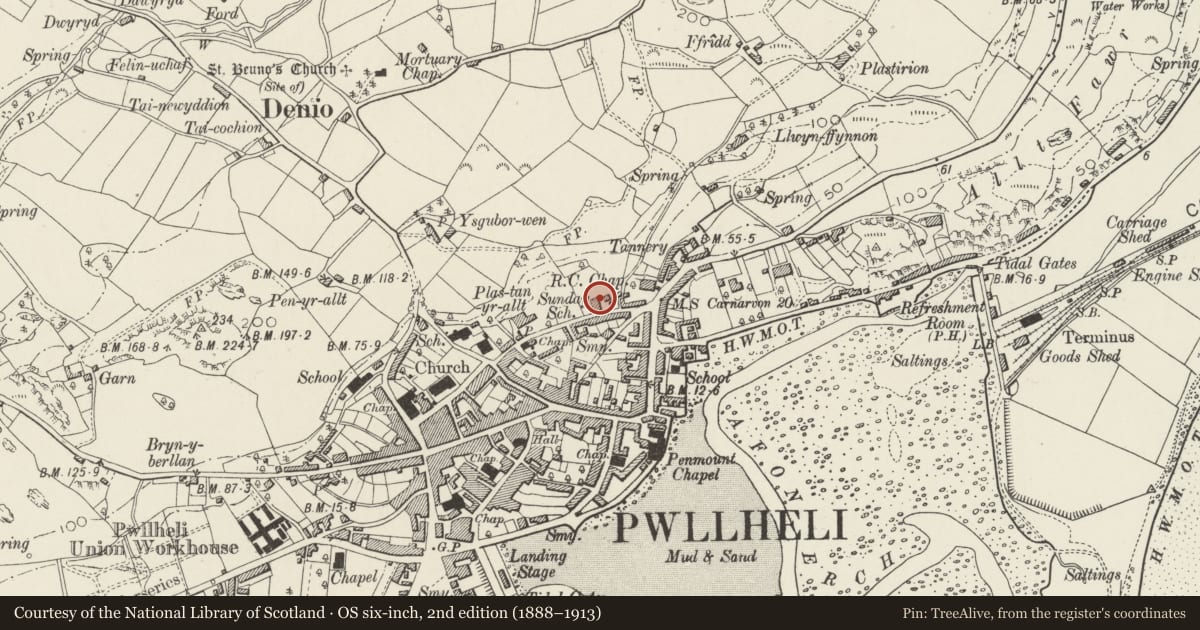 Ordnance Survey six-inch map, 2nd edition (1888–1913) covering the location of 2 North Terrace, Pwllheli, Gwynedd, with a pin at the register's coordinates