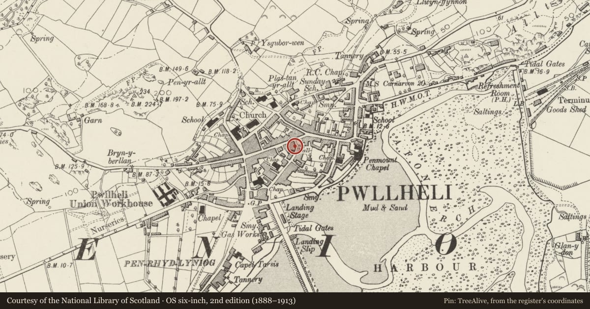 Ordnance Survey six-inch map, 2nd edition (1888–1913) covering the location of 5 Penlan Street, Pwllheli, Gwynedd, with a pin at the register's coordinates